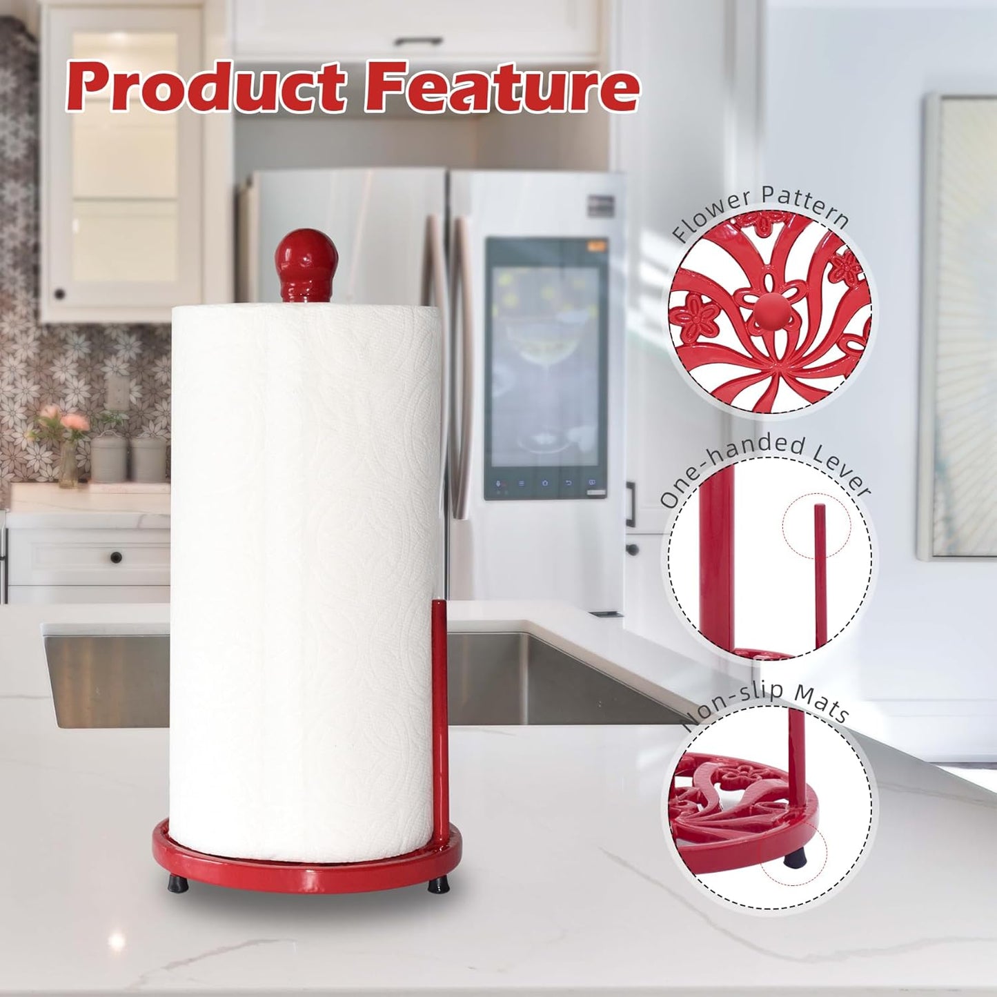 Vintage Paper Towel Holder Countertop - Cast Iron Standing Roll Paper Towel Dispenser with Elegant and Heavy Daffodil Pattern Base for Kitchen Décor, Red