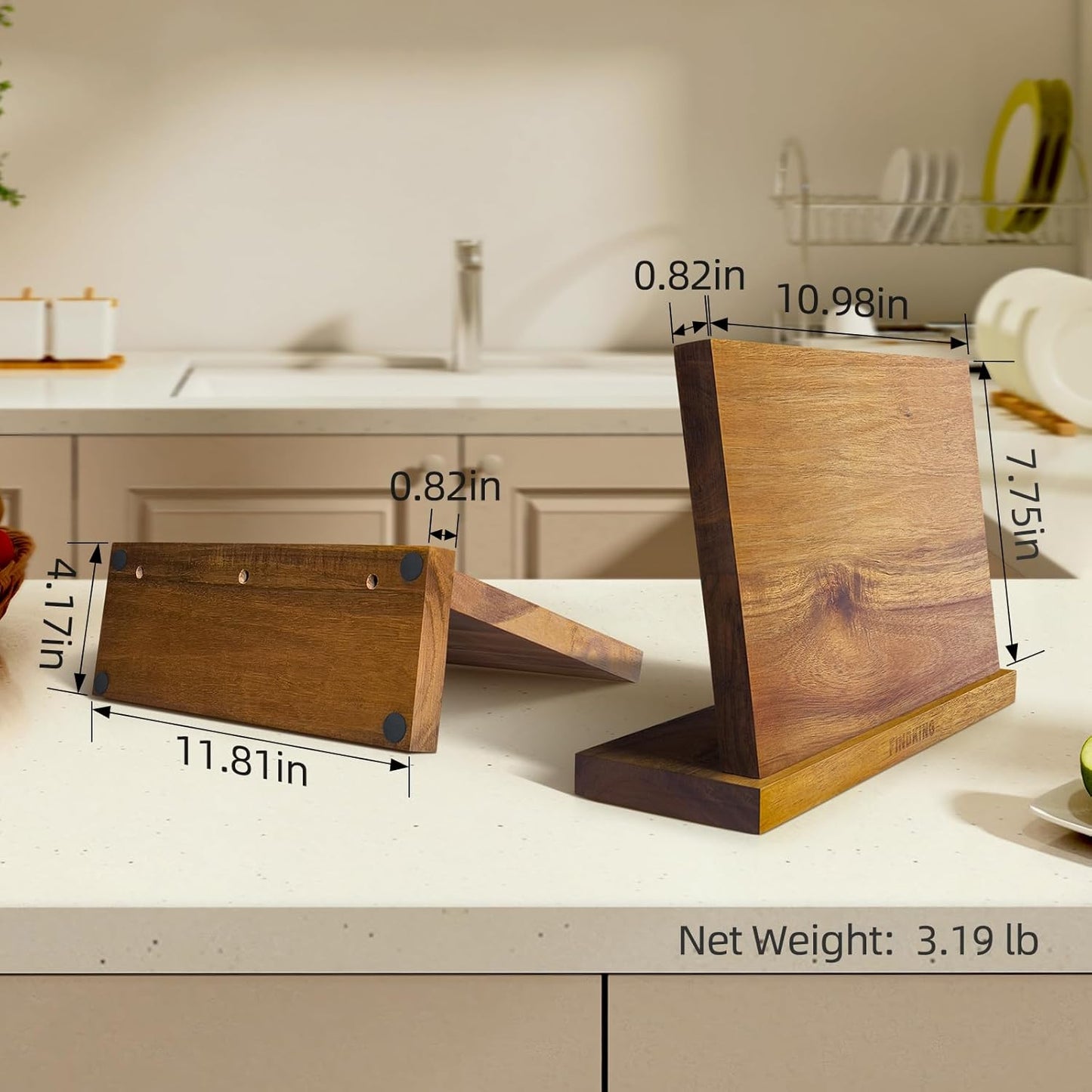 FINDKING Magnetic Knife Block, Teak Wood Utensils Holder, Strong Magnet Stand for Kitchen Counter (10.8 x 8 Inches, Without Knives)