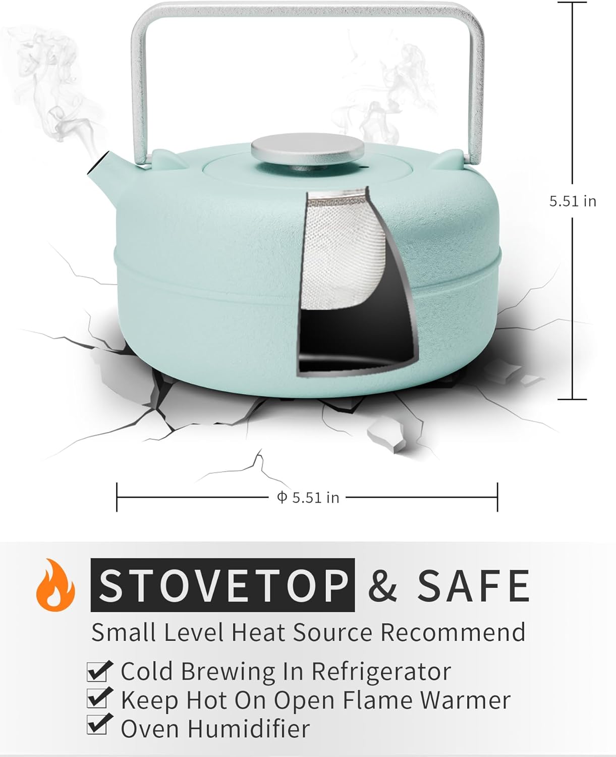 Toptier Teapot with Removable Infuser, Cast Iron Tea Kettle Stovetop Safe, Solid Geometry Cylinder Design Tea Pot Coated with Enameled Interior for 27 Ounce (800 ml), Babyblue