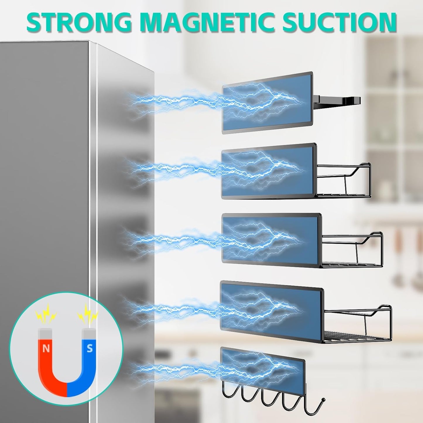 5 Pack Multifunctional Magnetic Shelves for Refrigerator Spice Rack & Washing Machine Organize, Include Towel Rack, Kitchen Utensil Hanger and Hooks, Strong Magnet for Secure Hold (Line style, Black)