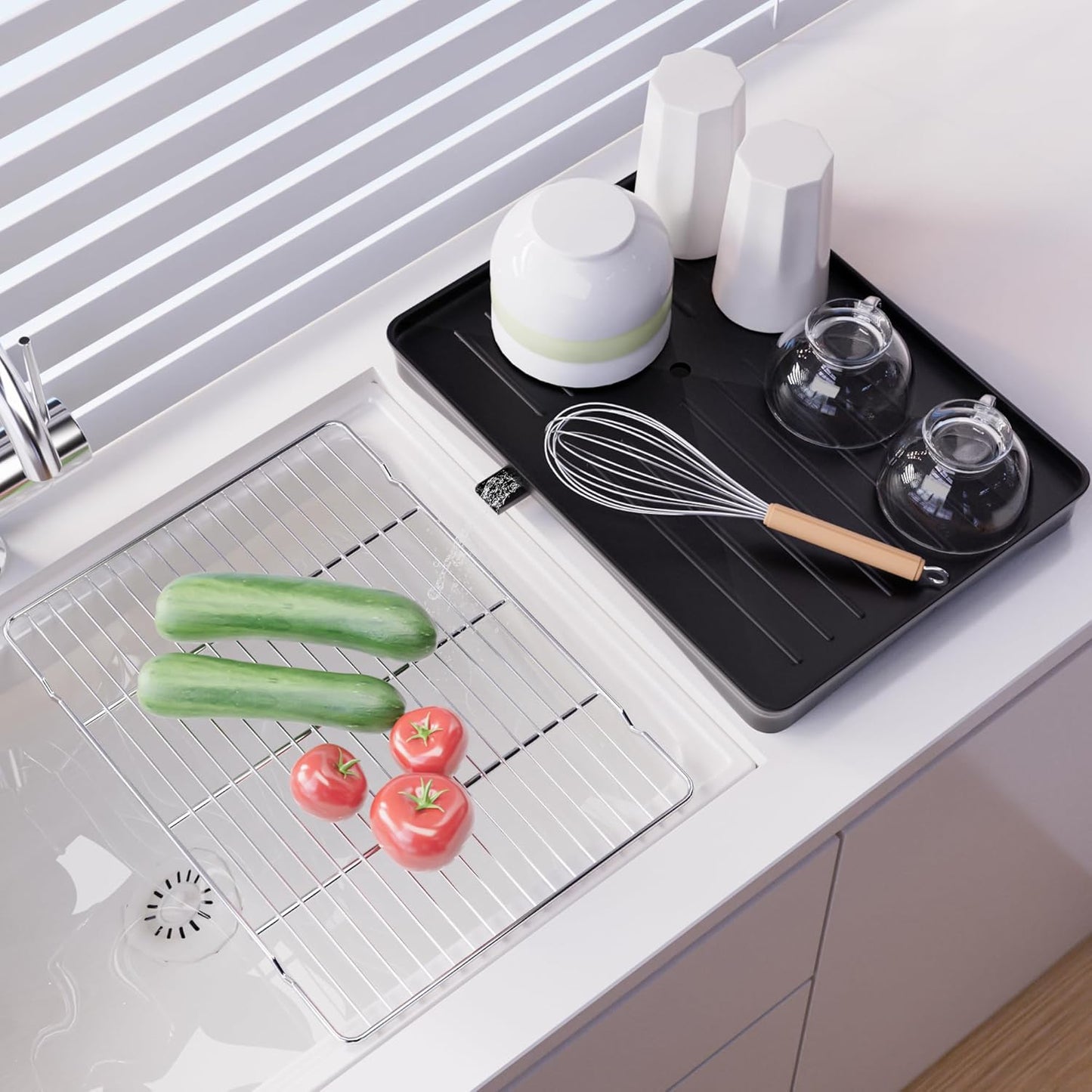 304 Stainless Steel Dish Drying Rack- Space-Saving Dish Rack, Dish Racks for Kitchen Counter, Fruit and Vegetable Drain,11.8''W x 16.5''L, Black