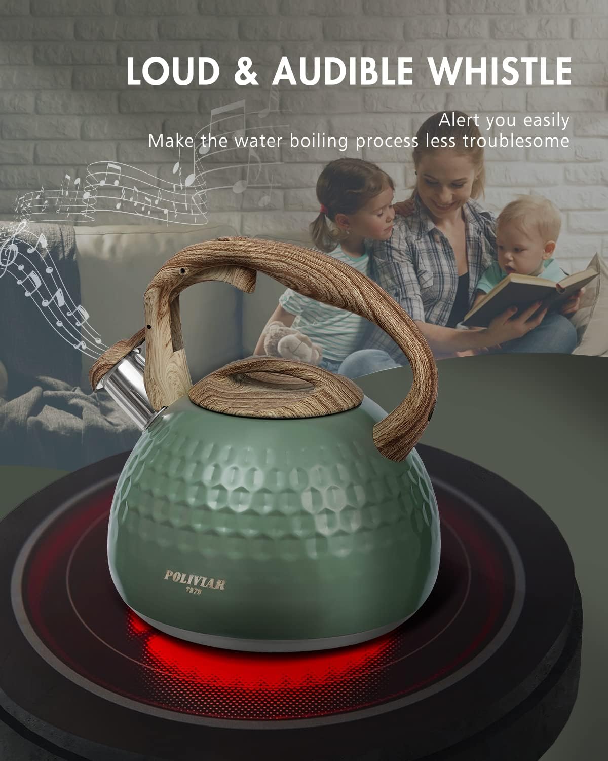 POLIVIAR Tea Kettle, 2.7 Quart Stovetop Tea Kettle, Audible Whistling Teapot, Food Grade Stainless Steel for Anti-Rust, Anti Hot Handle, Suitable for All Heat Sources (JX2020-RH30-2)