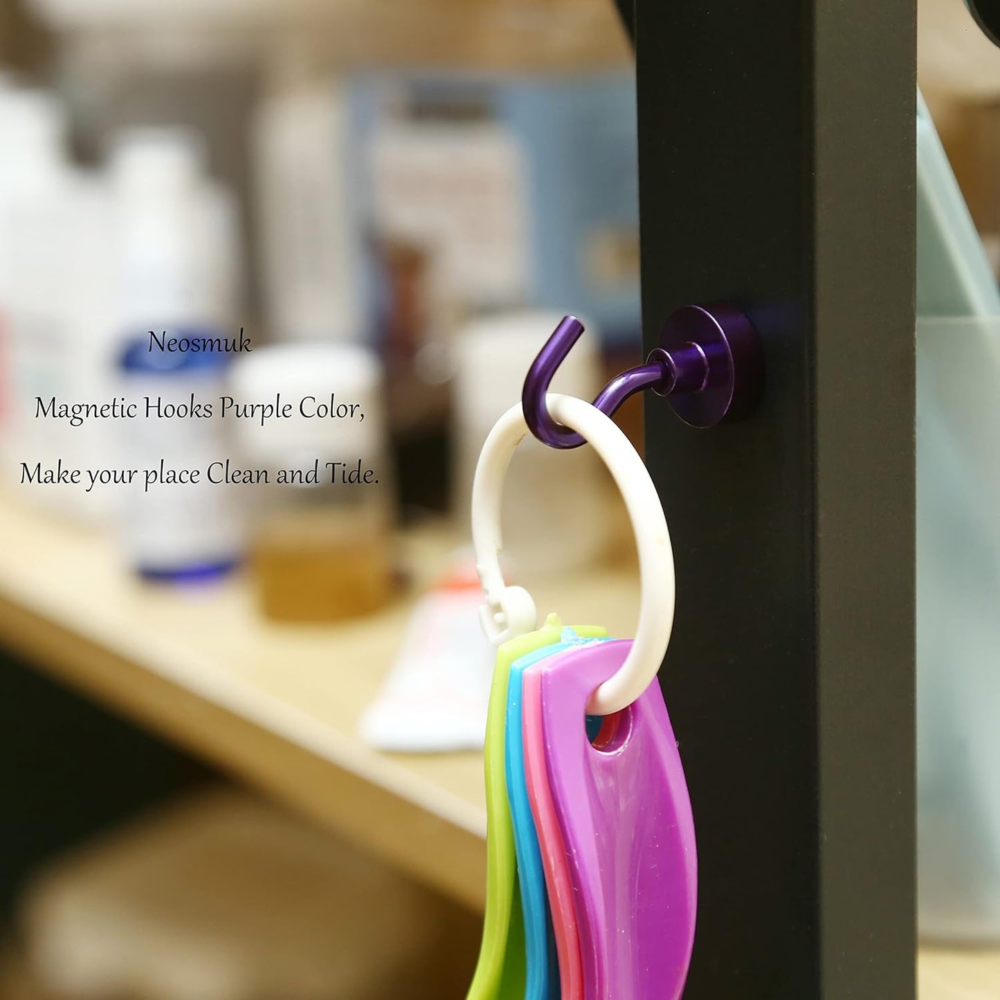 Neosmuk Magnetic Hooks,30lb+ Heavy Duty Earth Magnets with Hook for Refrigerator, Extra Strong Cruise Hook for Hanging, Magnetic Hanger for Curtain, Grill (Purple, 15 Pack)