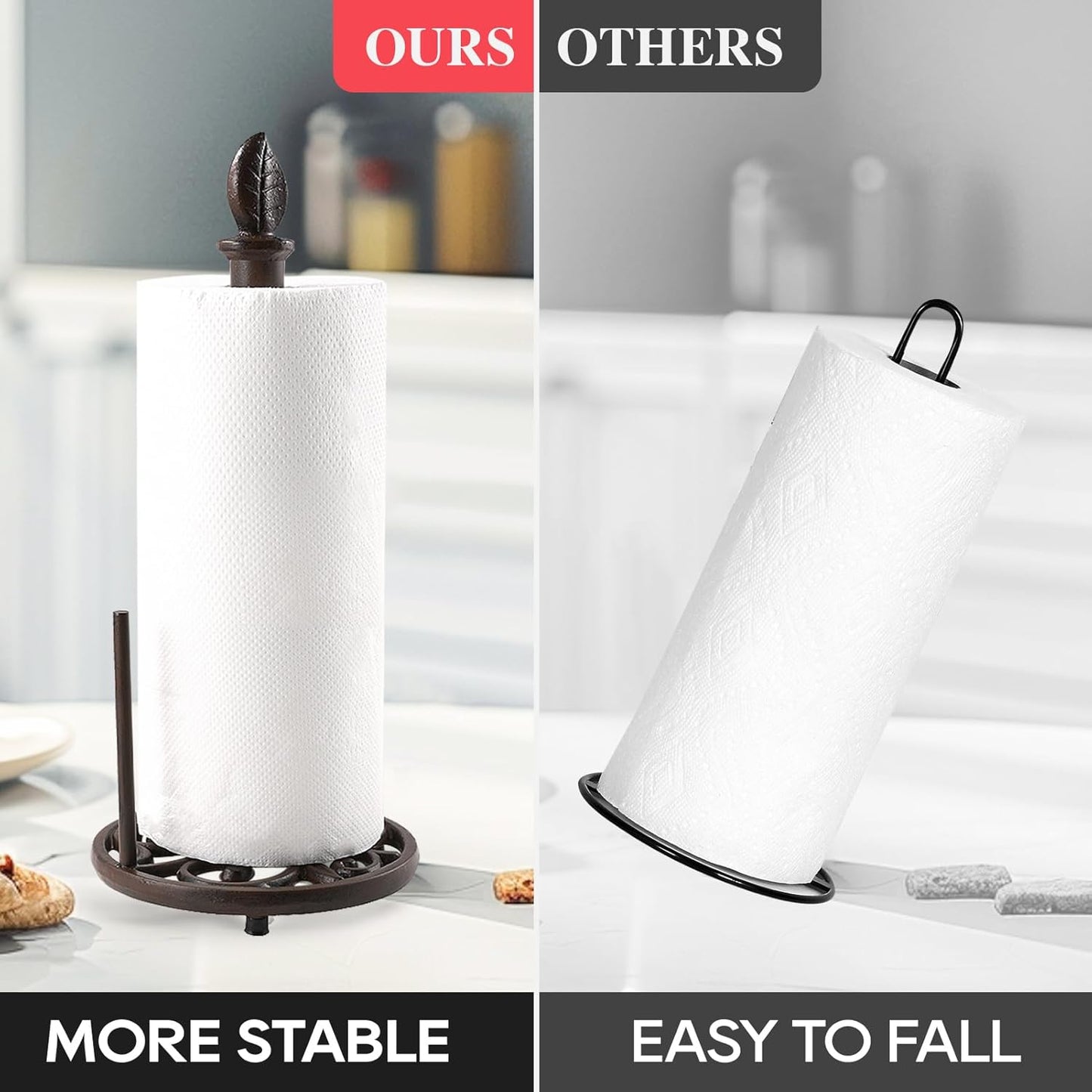 JOGREFUL Paper Towel Holder Stand, Cast Iron Kitchen Paper Towel Countertop Vintage Stand with Weighted-Base, Bathroom Organization for Family Standard Large Size Roll Paper, Leaf Top, Brown