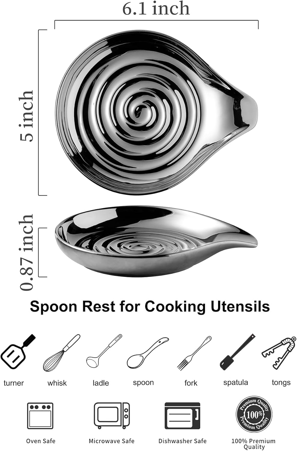 LAUCHUH Spoon Rest for Stove Top Ceramic Cooking Spoon Holder for Kitchen Countertop Large Ladle Holder for Spatula, Spoons or Tong, Farmhouse Decor, Christmas, 5 inches, Sliver