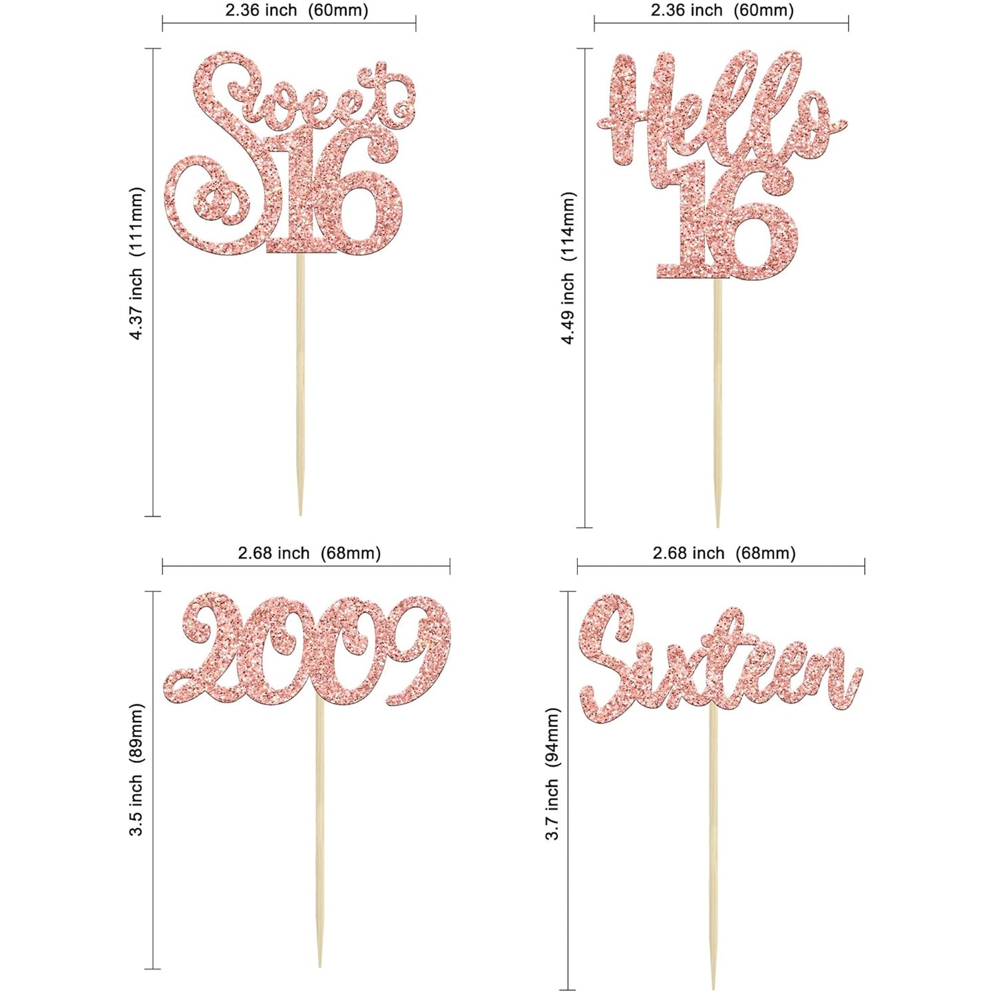 Gyufise 24pcs 16th Birthday Cupcake Toppers - Rose Gold Glitter Hello Sweet 16 Cupcake Picks - 2009 16th Birthday Cake Decorations for Anniversary Party Supplies
