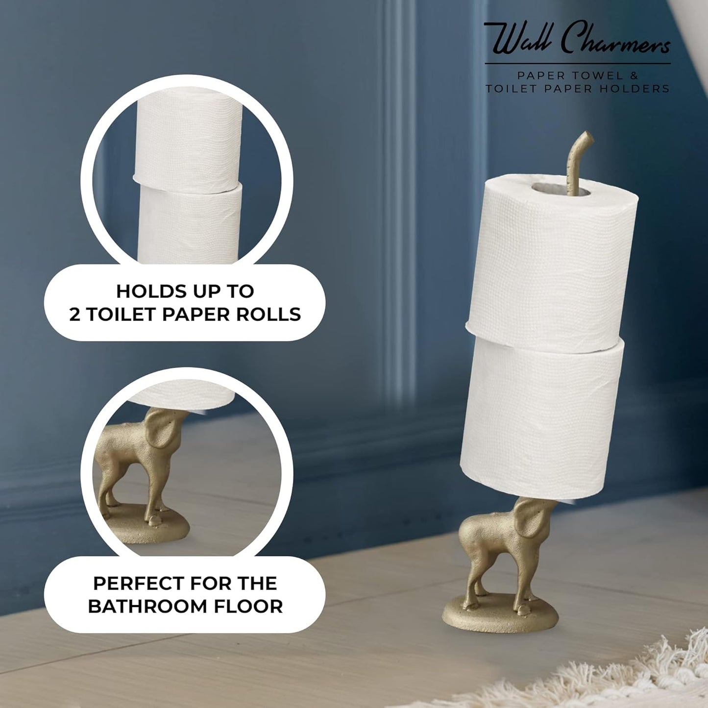 WallCharmers Gold Paper Towel Holder, Metal Toilet or Kitchen Paper Holder for Floor or Countertop, Gold Elephant