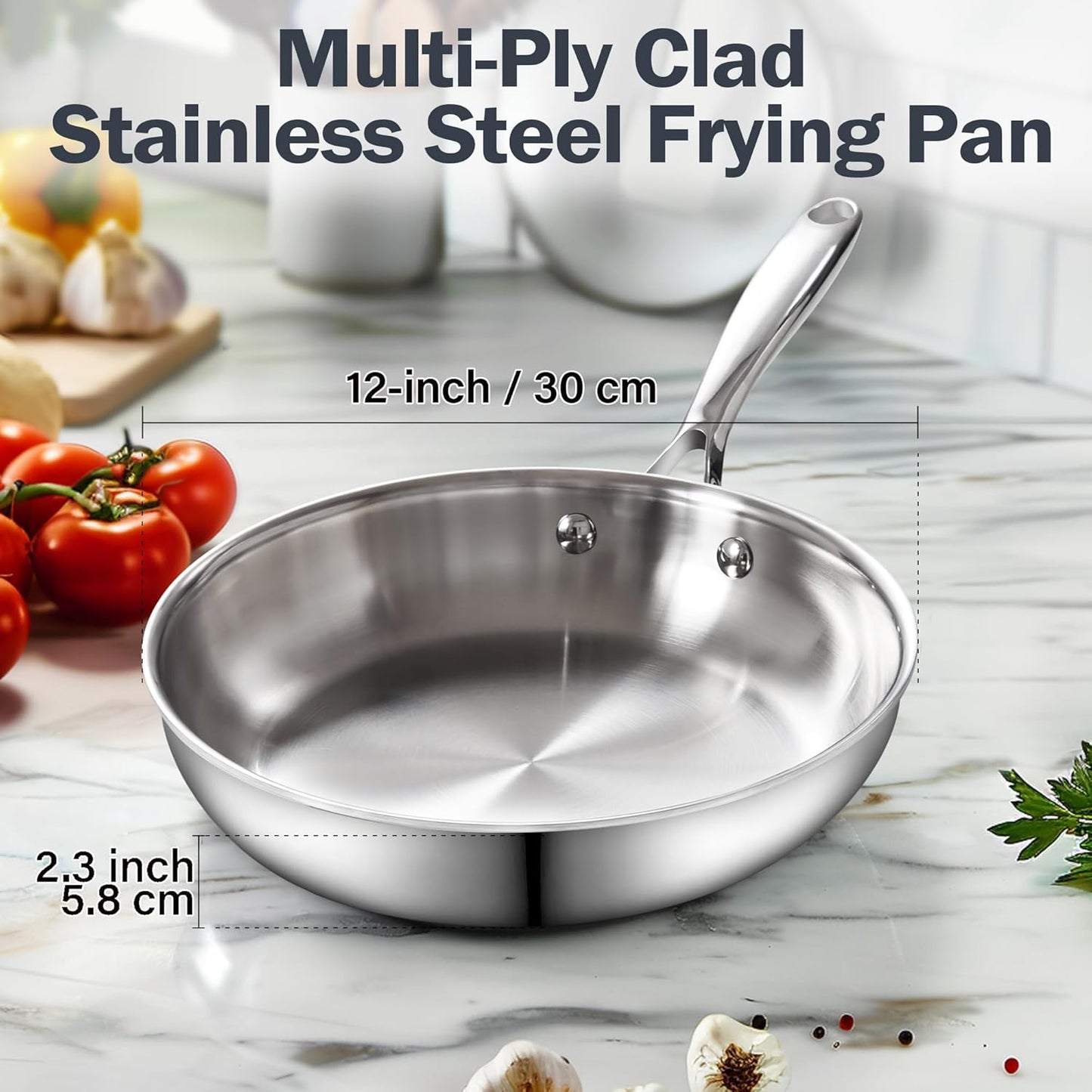 Cooks Standard Stainless Steel Frying Pan with Lid, 12-Inch Multi-Ply Clad Wok Stir Fry Pan, Kitchen Skillet, Silver