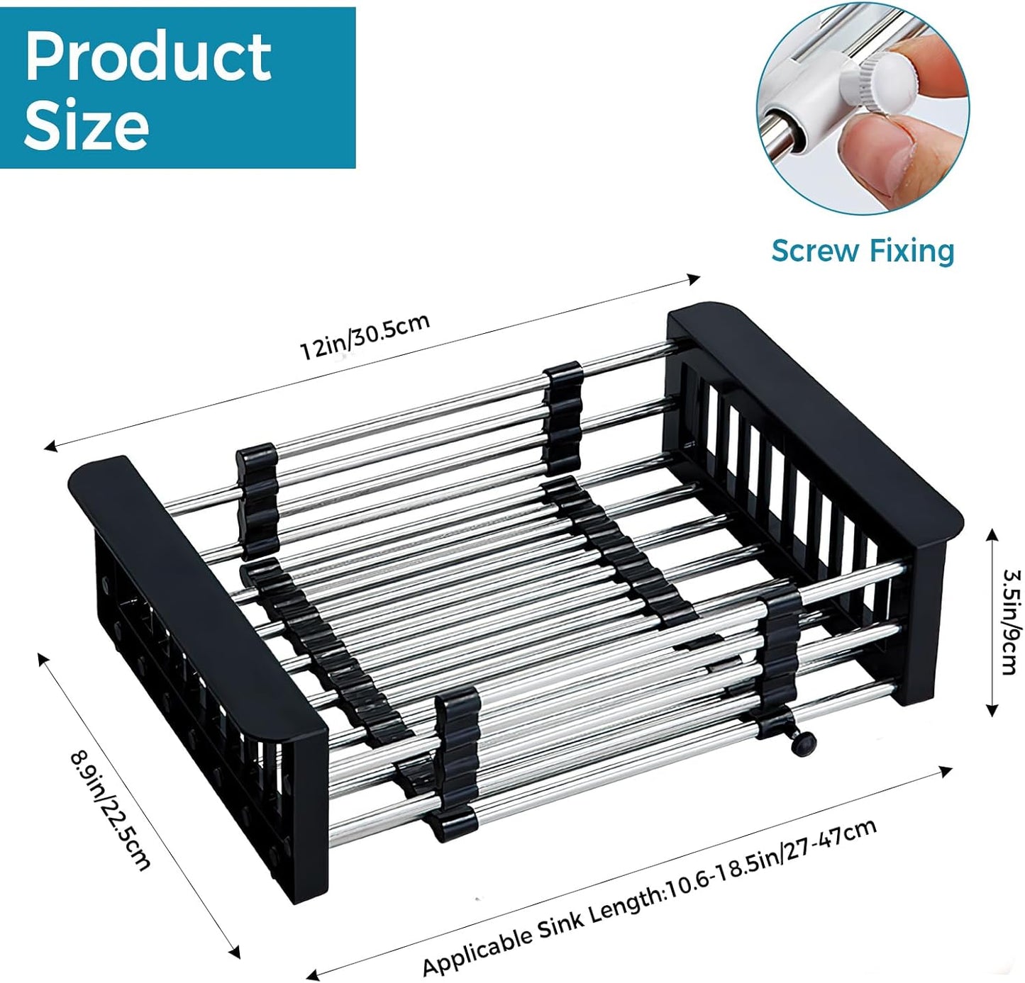 COVRA Over Sink Dish Drying Rack, Stainless Steel Drainer for 11"-19" Sinks, Kitchen Countertop Organizer for Dishes, Vegetables, and Fruits (Black)