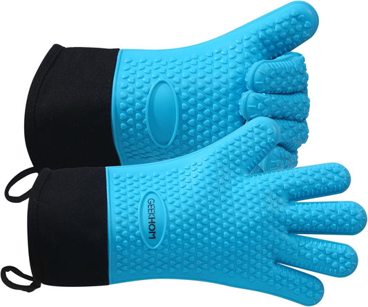 GEEKHOM BBQ Gloves, Grilling Gloves Heat Resistant Oven Gloves, Kitchen Silicone Oven Mitts, Long Waterproof Non-Slip Pot Holder for Barbecue, Cooking, Baking, Aqua Blue