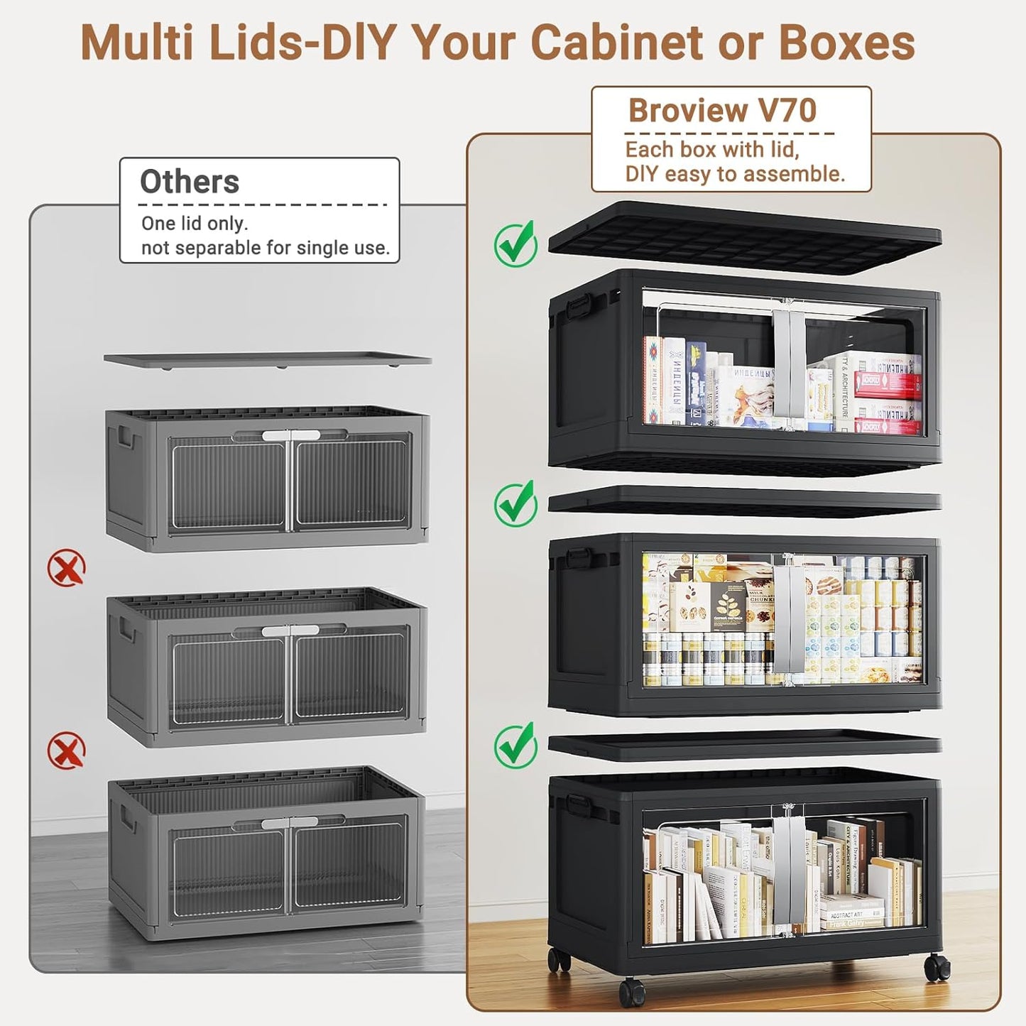 640QT Stackable Storage Bins with Lids, 160Gal Extra Large Collapsible Storage Box with Wheel, Plastic Storages with Clear Door Open Front for Home Bedroom Garage, Black-4pack