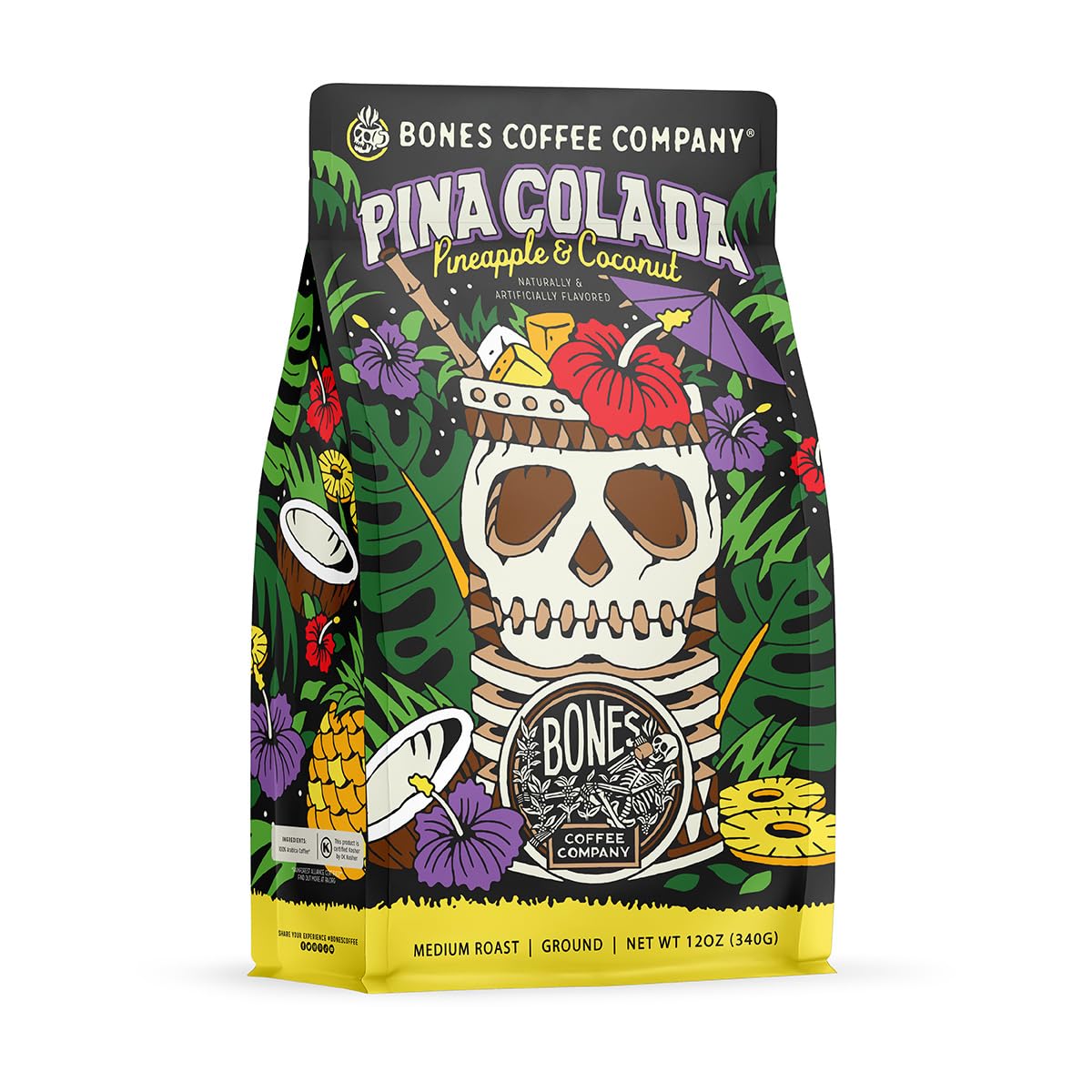 Bones Coffee Company Pina Colada, Pineapple and Coconut Flavored Coffee, Medium Roast Low Acid Arabica Beans Compatible with Auto drip and French Press Coffee Maker, 12 Oz Ground
