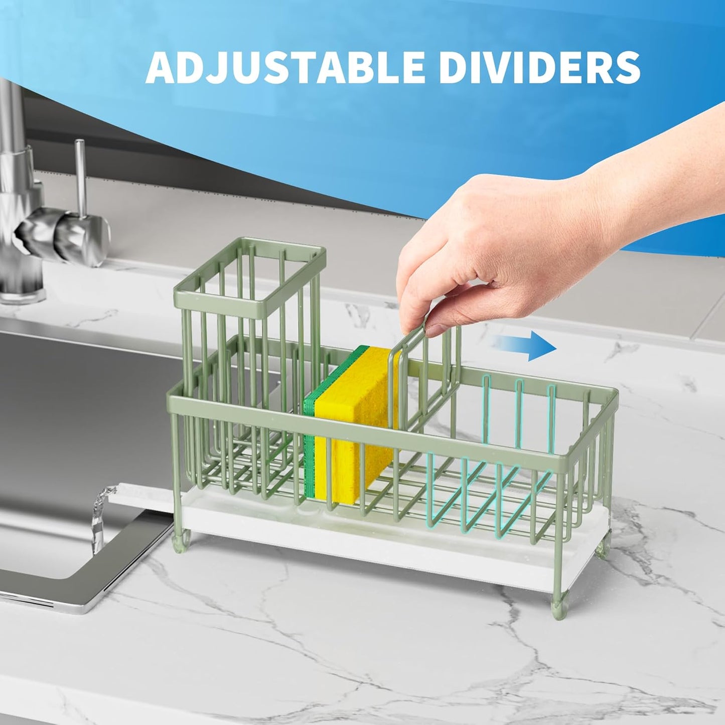 Cisily Sage Green Sponge Holder for Kitchen Sink, Sink Caddy Organizer with High Brush Holder, Kitchen Countertop Organizers and Storage Essentials, Rustproof 304 Stainless Steel, Soap Dispenser