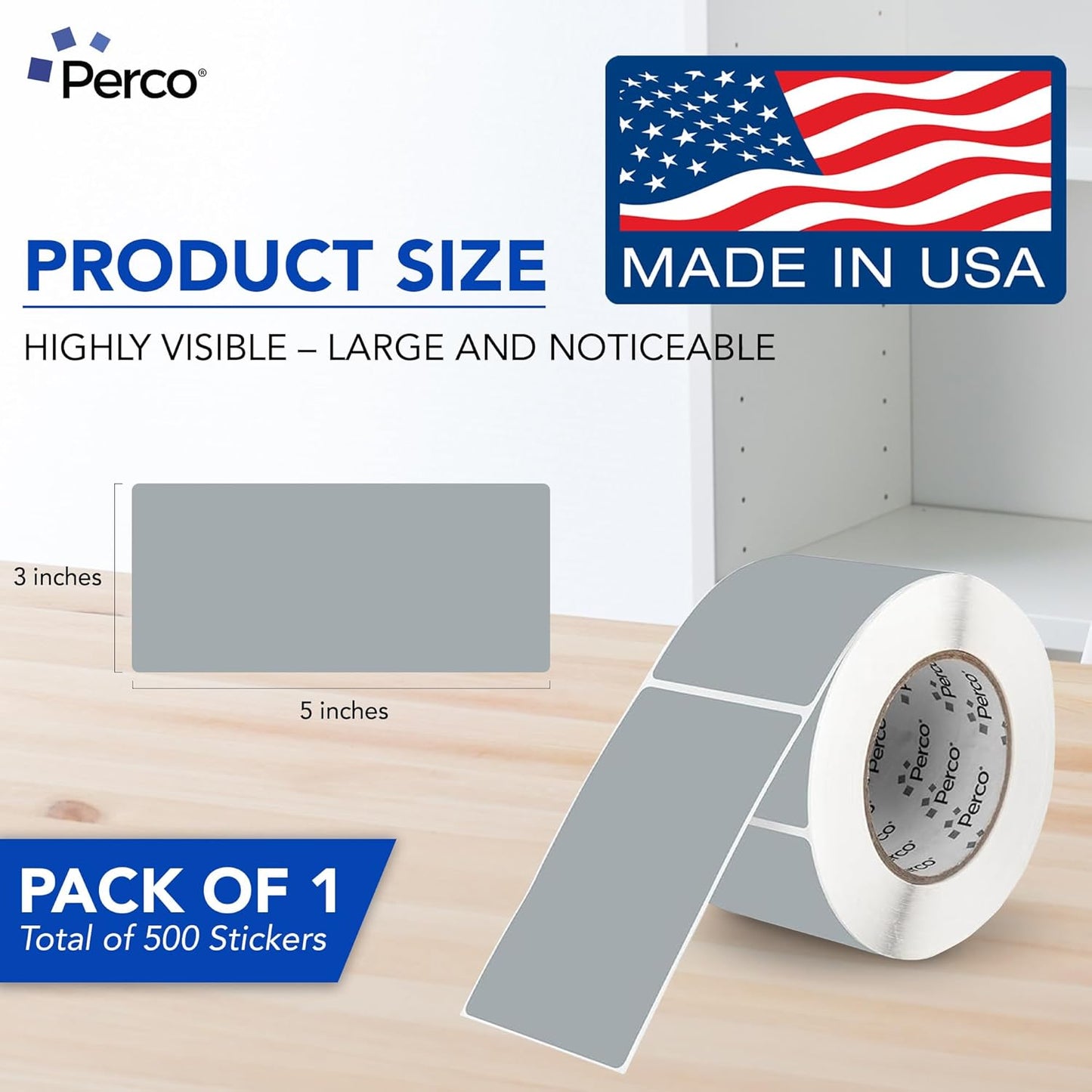 Perco Grey Labels 3x5 Inch 500 Stickers/Roll with Easy Peel Perforation and Strong Adhesion for Inventory Management, Color Coding, Moving Boxes, Retail, Organizing & Crafts – Made in USA