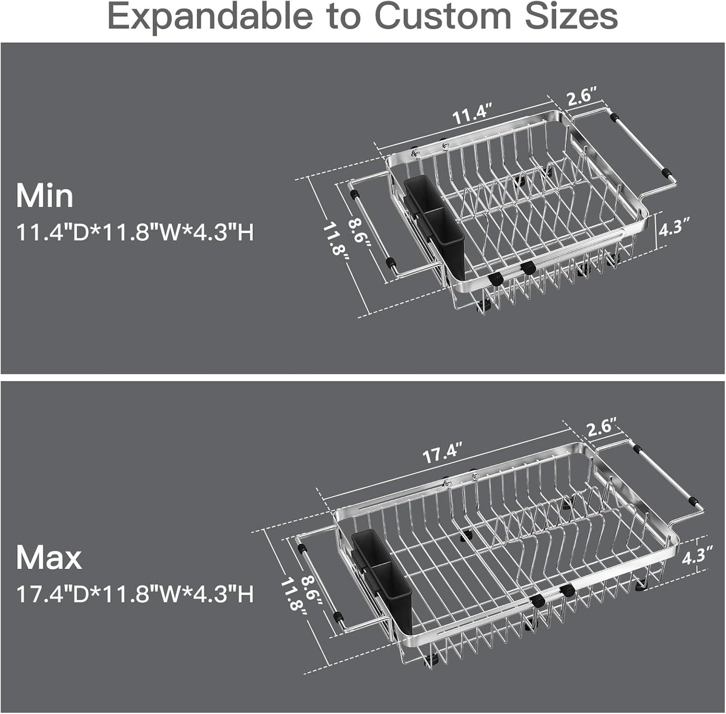 Small Expandable Over The Sink Dish Drainer Drying Rack In Stainless Steel Metal For Kitchen, Counter Space Saving Compact Above Plate Dryer Strainer, Adjustable Hanging Inside Sink Wire Drain Holder