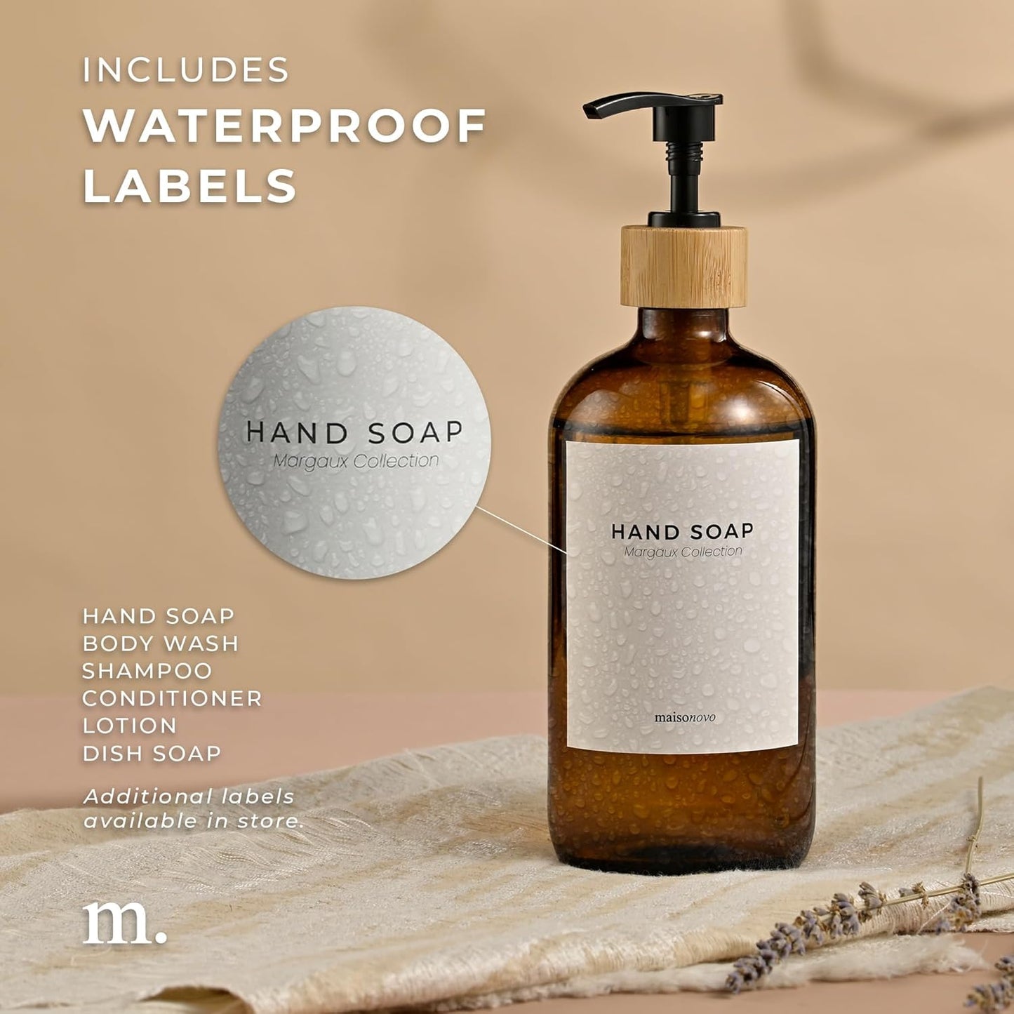 MaisoNovo Glass Hand Soap Dispenser | Dish Soap Dispenser for Kitchen | 16.9oz Amber Bottles with Black Bamboo Pump | Bathroom Lotion Dispenser