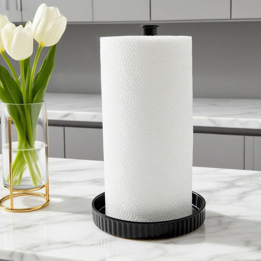 VROOMIUM Paper Towel Holder Countertop, Ceramic Base Easy-to-Clean, 1.5 lbs, 7" B x 12.5" H, Stable Elegant and Durable Kitchen Roll Stand, Classic Black