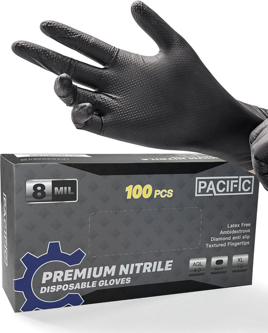 PACIFIC PPE 8 Mil Heavy Duty Black Nitrile Gloves, Food Safe, Latex Free, Mechanic, Fully-Diamond Textured Grip Industrial Disposable Gloves, X-Large