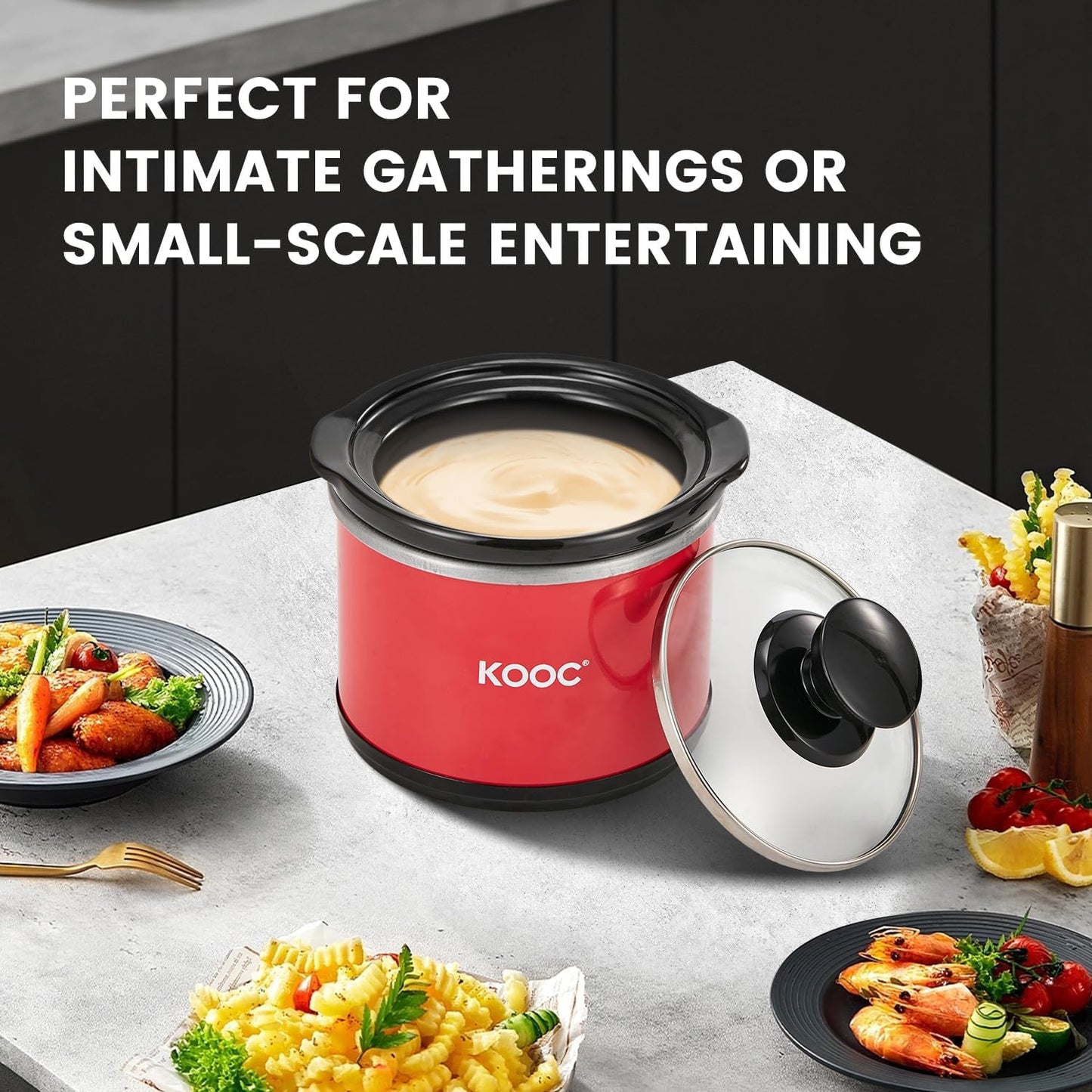 KOOC Small Slow Cooker, 0.65 Quart, Free Liners Included, Upgraded Ceramic Pot, Nutrient Loss Reduction, Sauces, Stews & Dips, Stainless Steel, Red, Round