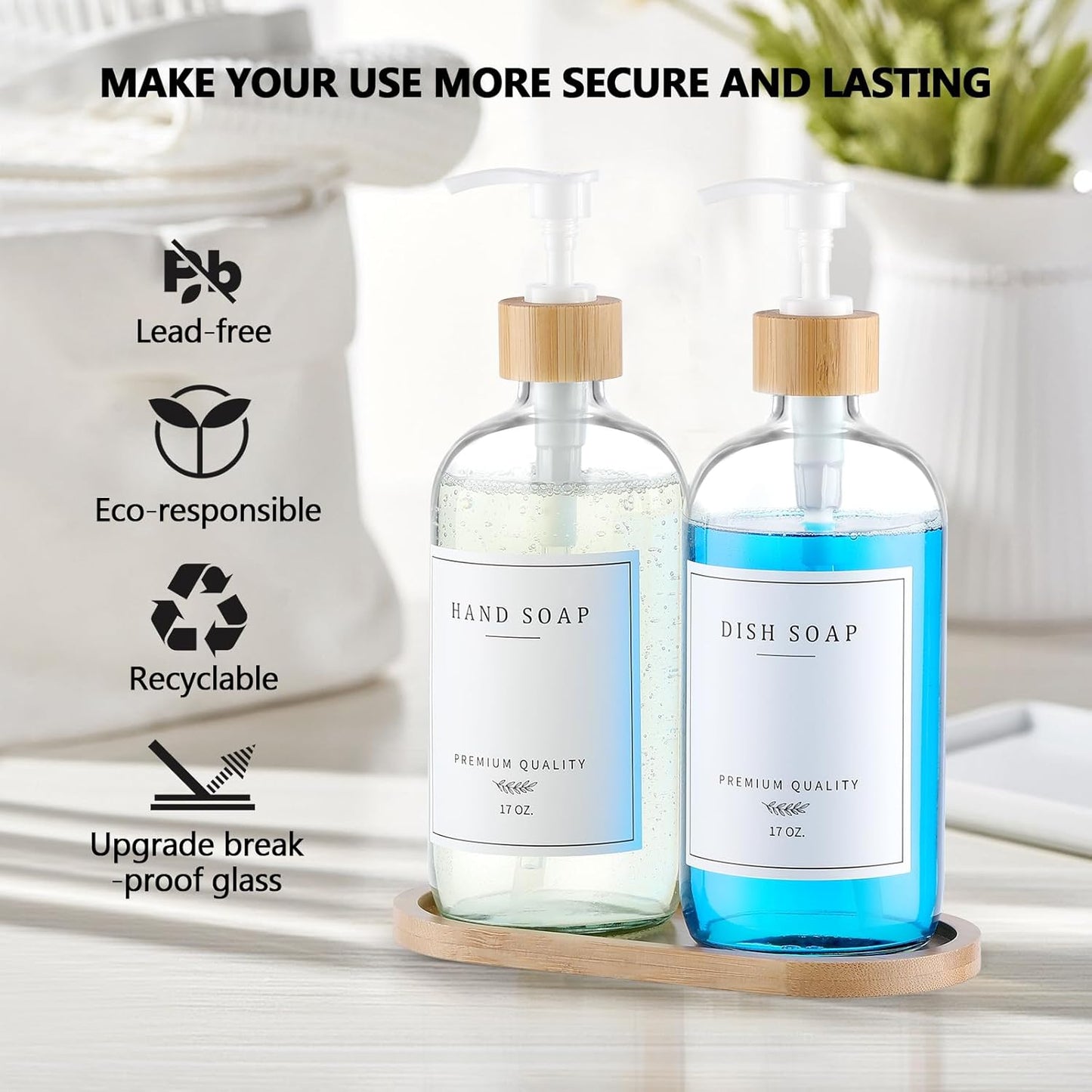 Clear Glass Soap Dispenser - Dish Hand Soap Dispenser Set for Kitchen, Refillable Soap Lotion Dispenser Bathroom with Sturdy Pump and Tray, 14 Waterproof Labels -Clear