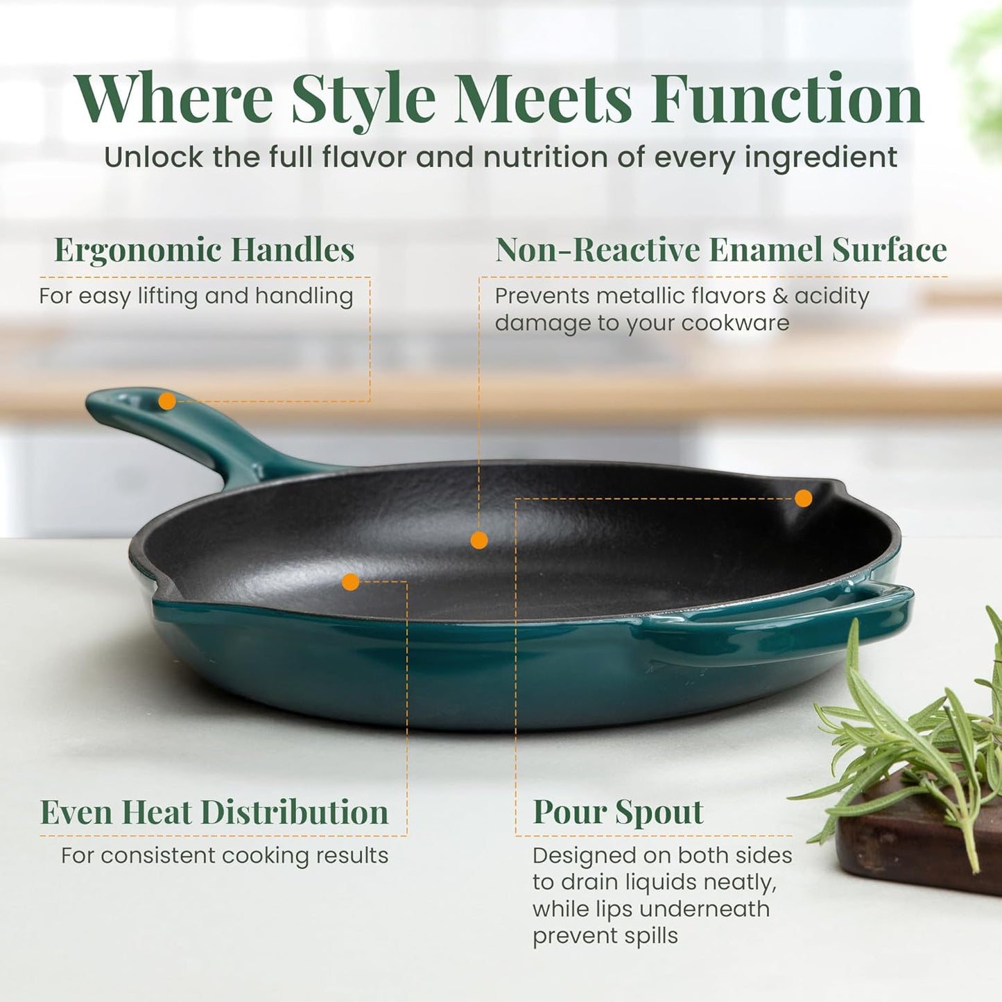 Larder & Vine Enameled Cast Iron Skillet | 10.25 inch Cast Iron Pan | Saute Pan with Pour Spouts | Enamel Coated Cast Iron Skillet | Compatible on All Cooktops & Oven Safe to 500° F | Bondi