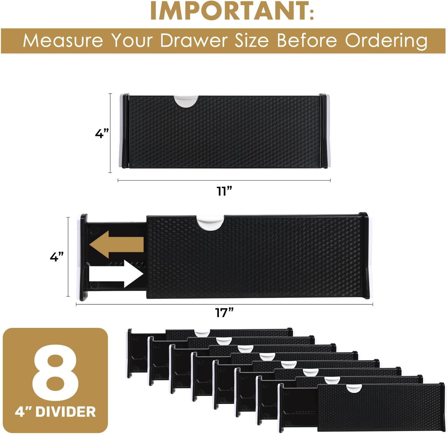 RAPTUROUS Adjustable Drawer Dividers 8 Pack, 4” High, 11-17” Long, Dresser Drawer Organizer for Bedroom, Closet, Kitchen, Nursery, Office, Strong Hold, Soft Foam Edges, Black