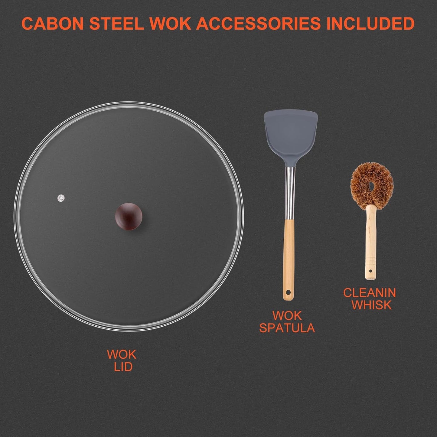 13" Nonstick Wok - Wok Pan with Glass Cover, Carbon Steel Woks & Stir-Fry Pans: Flat Bottom Chinese woks for Electric, Induction, Gas, All Stoves