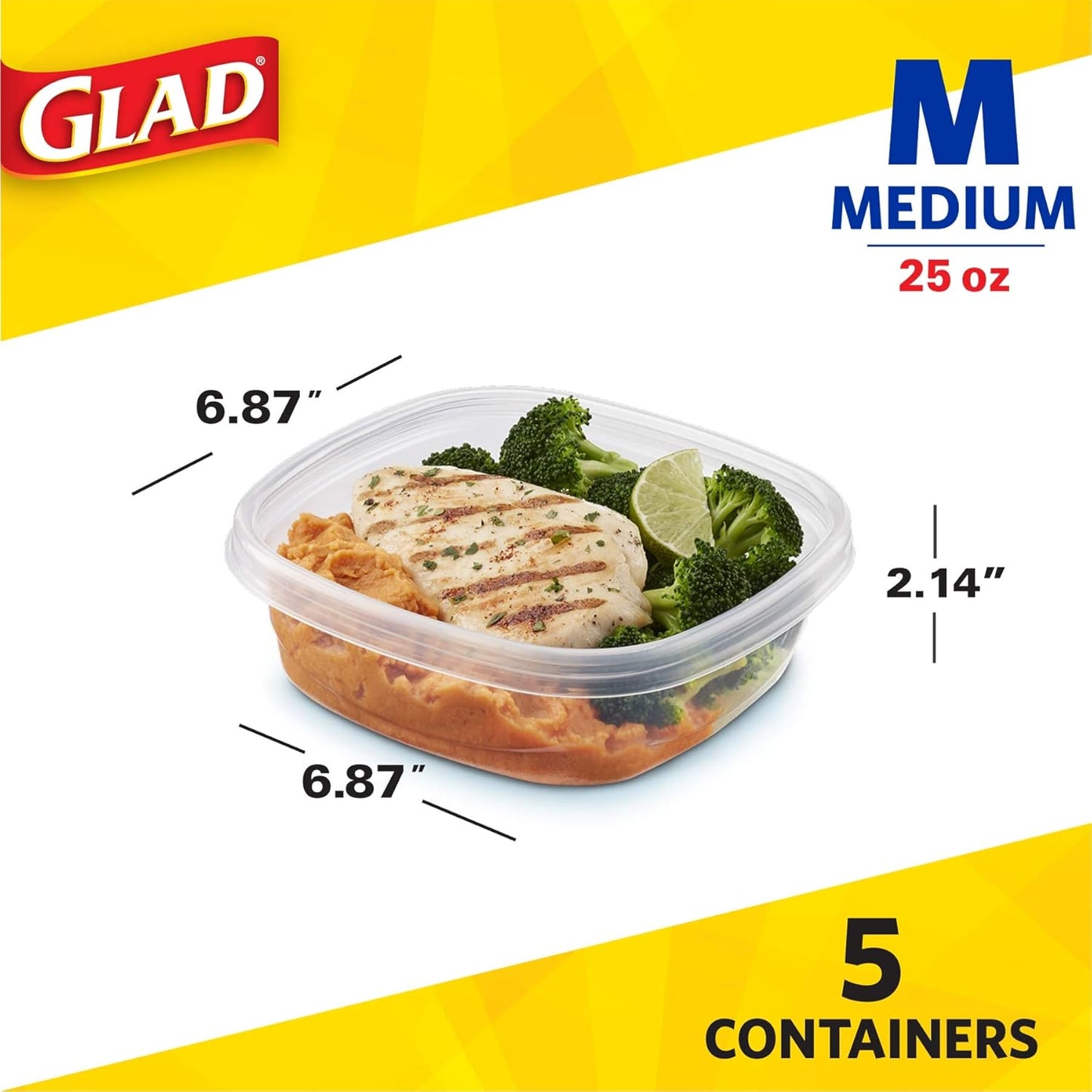 Glad GladWare Entrée Food Storage Containers, Medium Square - Meal Container Holds up to 25 Ounces of Food - Lock Tight Seal, 5 Count - 2 Pack