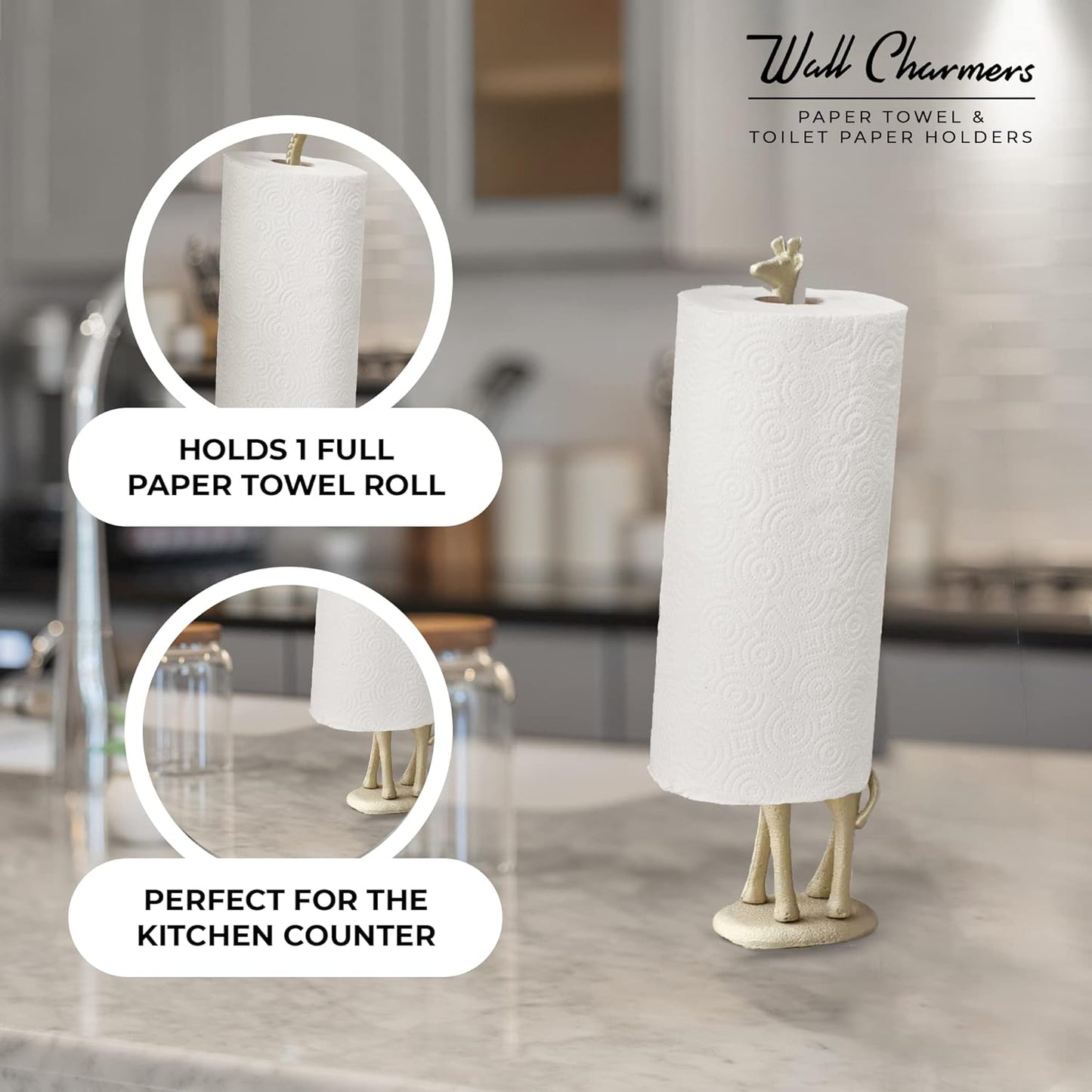 WallCharmers Gold Paper Towel Holder, Metal Toilet or Kitchen Paper Holder for Floor or Countertop, Gold Giraffe