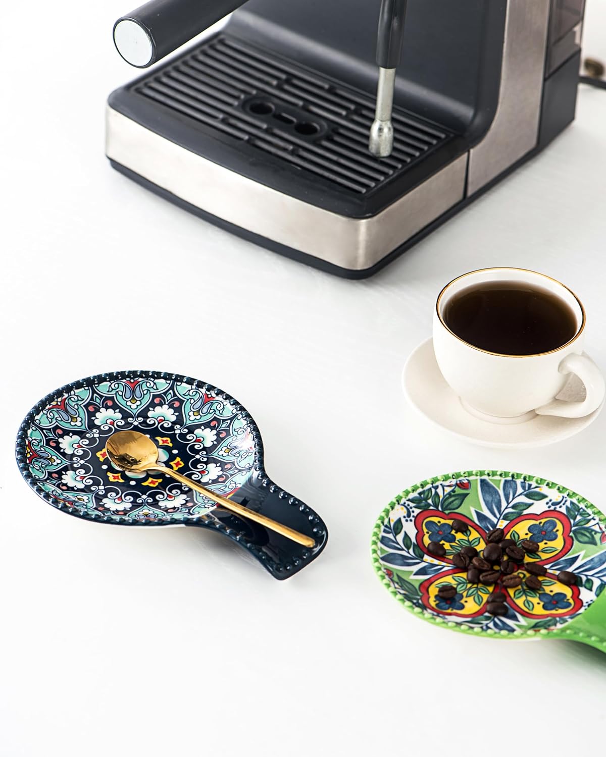 Ceramic Spoon Rest for Stove Top, Large Spoon Holder for Kitchen Counter, Cooking Utensil Rest for Ladle, Spatula, Tongs, Housewarming Gifts Set of 6 - Bohemian Style