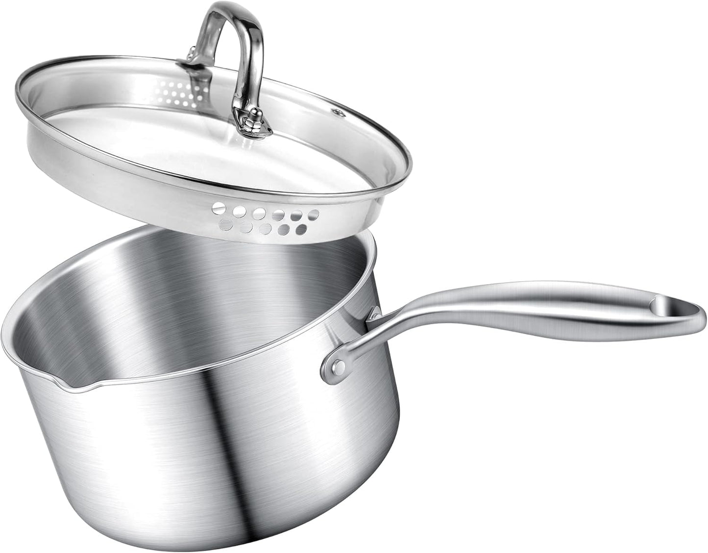 2.5 Quart Stainless Steel Saucepan with Glass Strainer Lid, Thicken Tri-ply Full Body, Multipurpose Sauce Pot with Two-Size Drainage Holes Lid, Perfect For Boiling Gravies, Pasta, Noodles