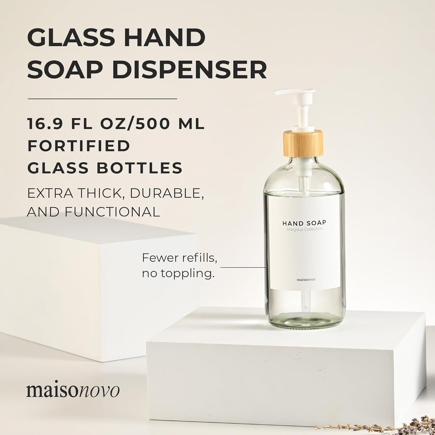 MaisoNovo Glass Hand Soap Dispenser | Dish Soap Dispenser for Kitchen | 16.9oz Clear Bottles with White Bamboo Pump | Bathroom Lotion Dispenser