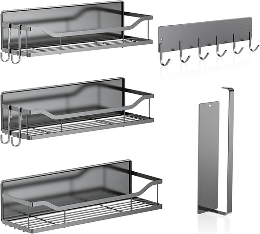 5 Pack Multifunctional Magnetic Shelves for Refrigerator Spice Rack & Washing Machine Organize, Include Paper Towel Holder, Kitchen Utensil Hanger and Hooks, Strong Magnet for Secure Hold (Gray)
