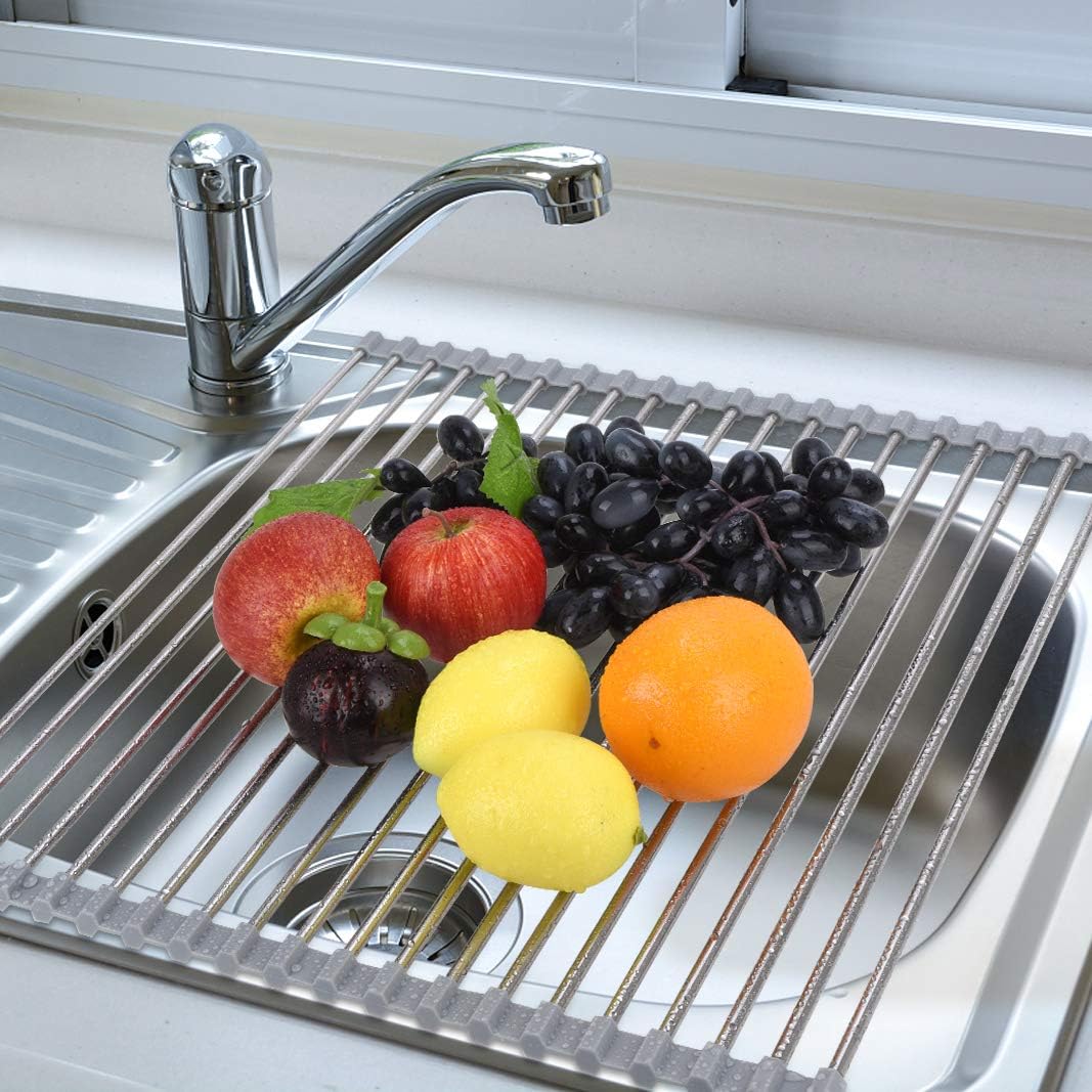 Roll Up Dish Drying Rack Over The Sink 17.7"(L) x 15.6"(W), Multipurpose Foldable Stainless Steel Kitchen Rollable Drainer Rack, Gray