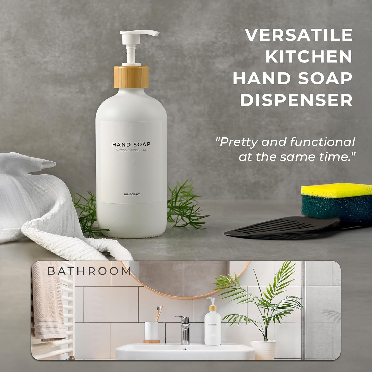 MaisoNovo Glass Hand Soap Dispenser | Dish Soap Dispenser for Kitchen | 16.9oz White Bottles with White Bamboo Pump | Bathroom Lotion Dispenser