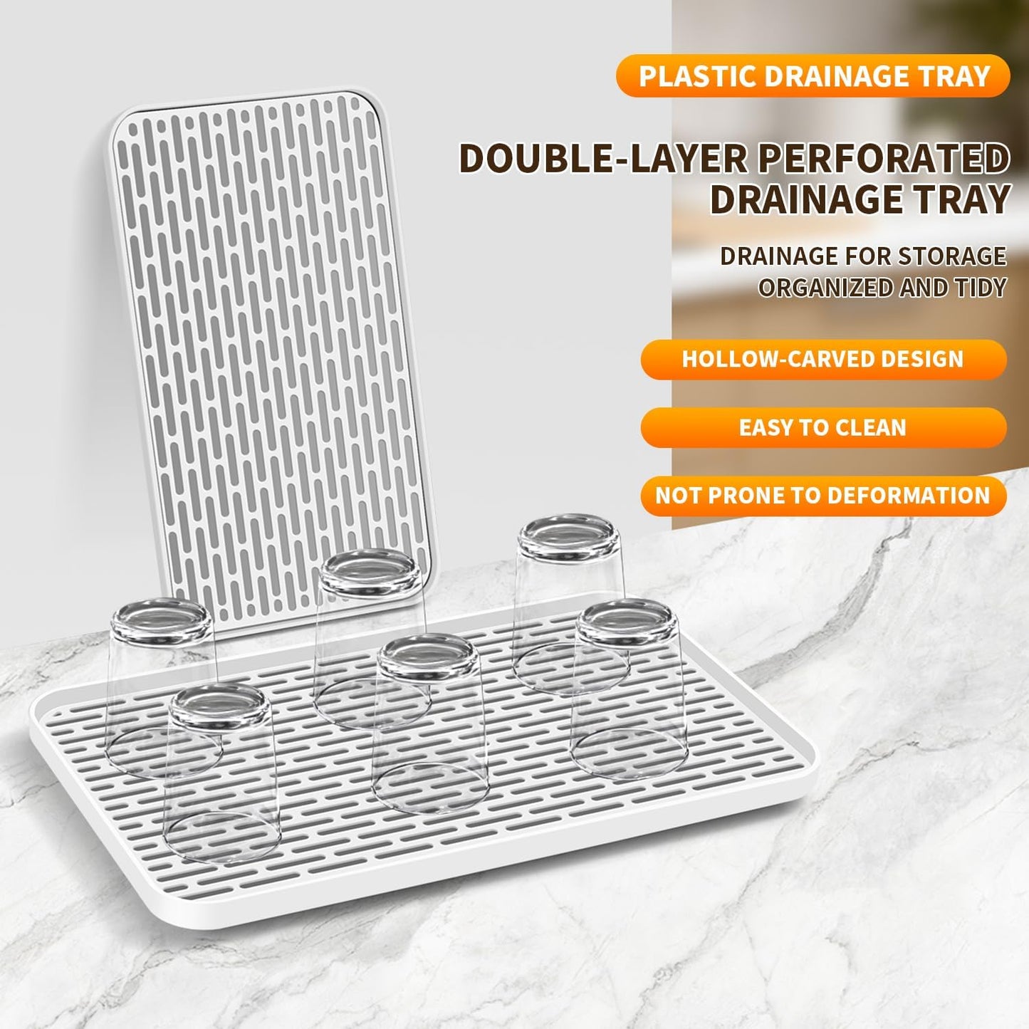 Plastics Drain Tray, Cup & Dish Drying Rack, Drain Board 2 Tier Non Slip Serving Tray with Drainboard Perfect for Sink, Coffee Table, Outdoor (12.2 x 7 x 0.98 in)