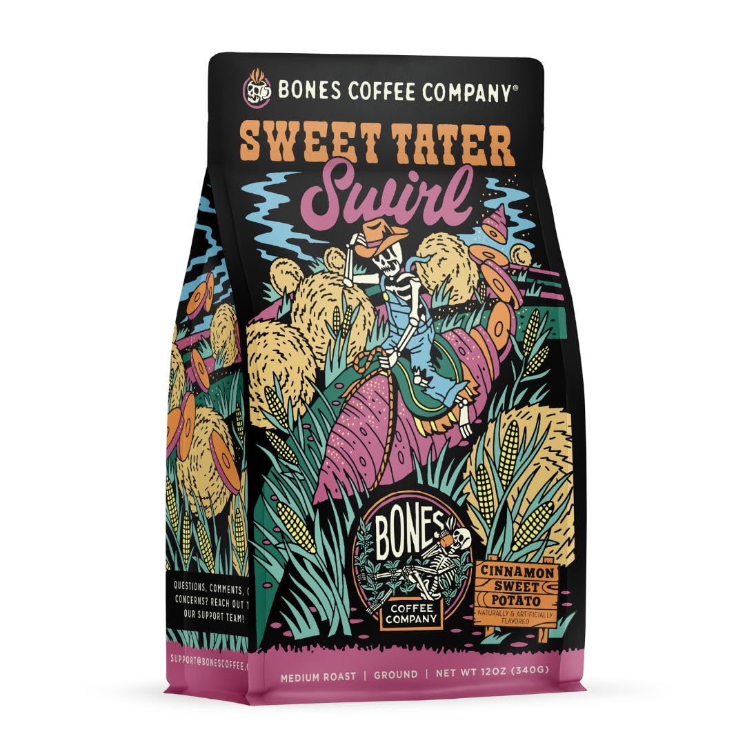 Bones Coffee Company Sweet Tater Swirl, Cinnamon Sweet Potato Flavored Coffee, Medium Roast Low Acid Arabica Beans Compatible with Auto drip and French Press Coffee Maker, 12 Oz Ground