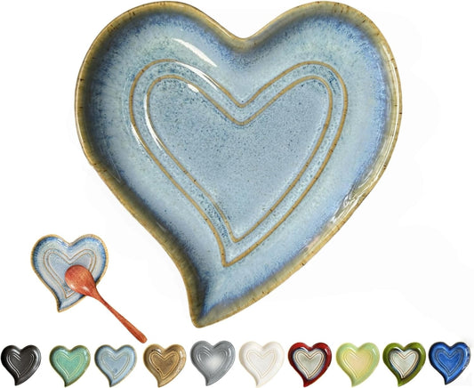 Ceramic Spoon Rest for Stove Top, Heart Cute Spoon Rest for Kitchen Counter, Cooking Spoon Holder for Kitchen Counter, Utensil Rest Spatula Rest Ladle Holder Tong Rest (Retro Sea Blue)