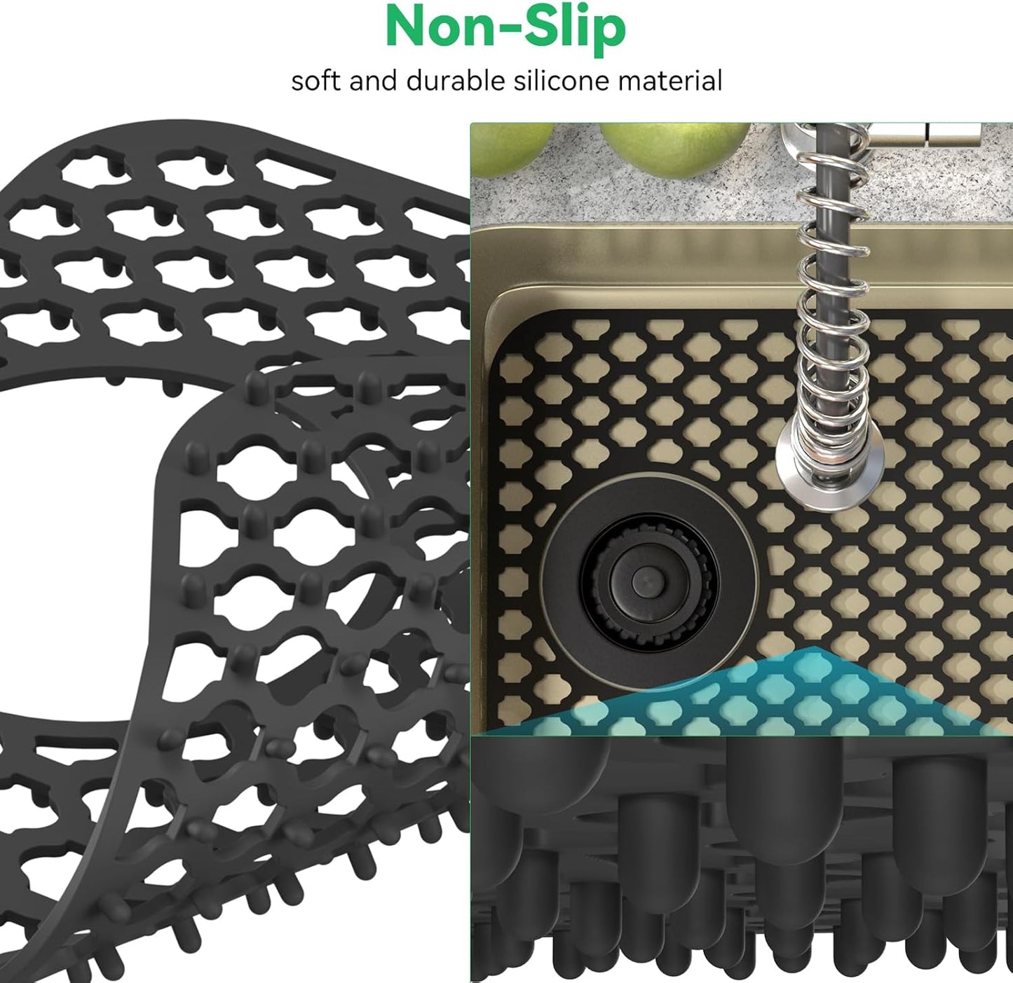 TOOVEM Kitchen Sink Mats, 2PCS Non-Slip Heat Resistant Silicone Sink Protector Mat, Folding Farmhouse Rear Drain Sink Mats, Side Drain, Black