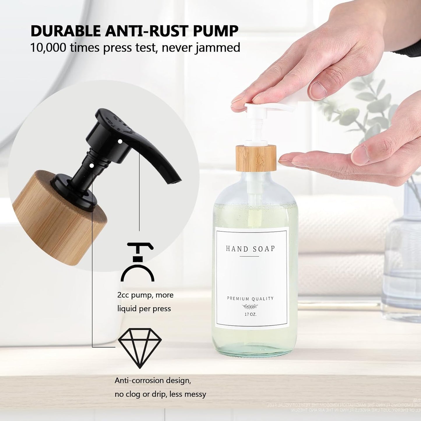 Clear Glass Soap Dispenser - Dish Hand Soap Dispenser Set for Kitchen, Refillable Soap Lotion Dispenser Bathroom with Sturdy Pump and Tray, 14 Waterproof Labels -Clear