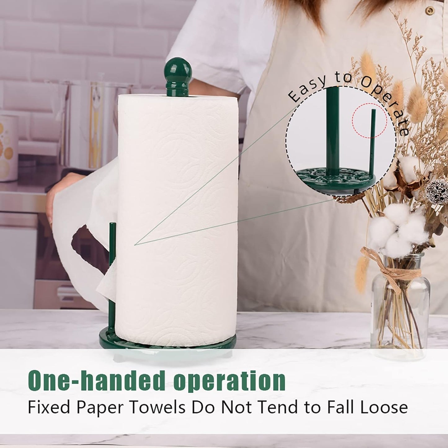 Cast Iron Paper Towel Holder, Vintage Chic Pumpkin Pattern Weighted Base Roll Paper Towel Holder Stand for Kitchen Bathroom Countertops, Green