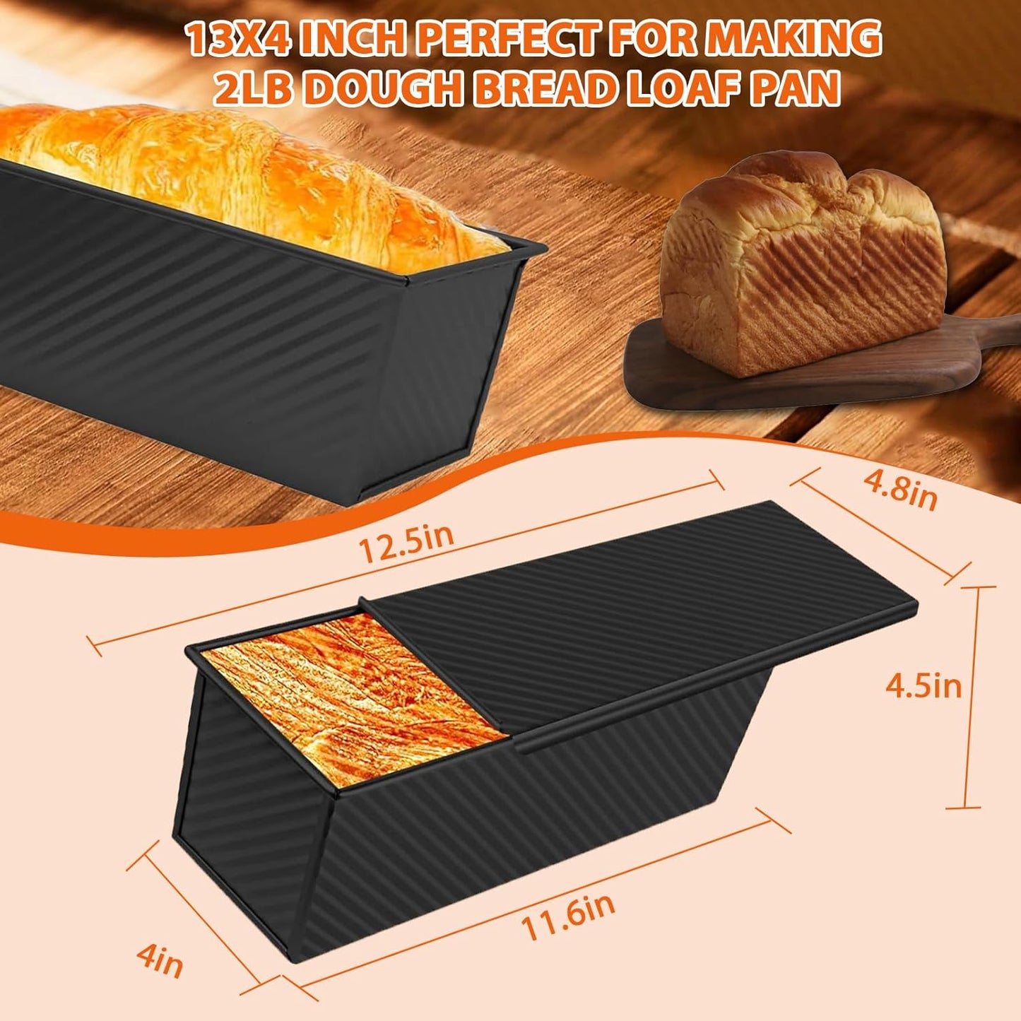 Non-Stick Pullman Loaf Pan with Lid 13x4 Inch - 2.2lb Carbon Steel Bread Baking Pan with 4 Vent Holes, Heavy Duty Sourdough Loaf Pan with Cover for Homemade Sandwich Bread (Black)
