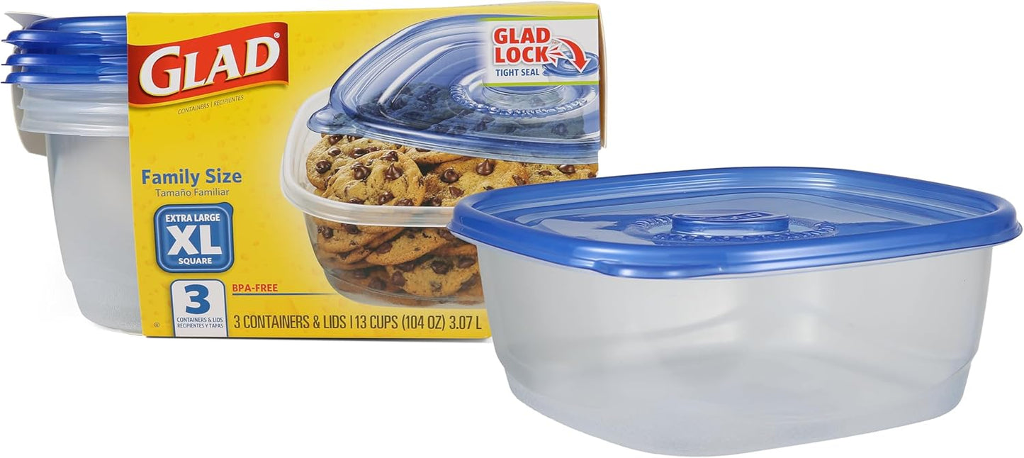 GladWare Family Size Food Storage Containers, XL | Large Square Food Storage, Containers Hold up to 104 Ounces of Food, Large Set 3 Count Food Containers | Tupperware, Plastic Food Container