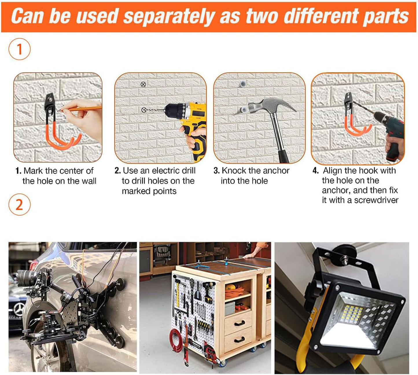 Large Heavy Duty Magnetic Garage Hooks,4 Pack Strong Magnet Hook for Power Drill,Garden Tools,Hose,Pegboard,Garage, Workshop,Magnetic Storage Hooks for Indoor Outdoor Hanging(Orange)