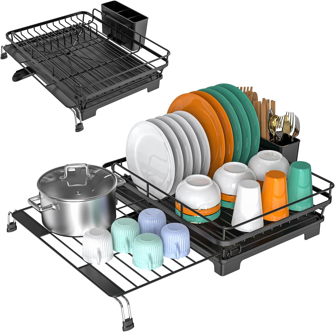Extendable Dish Racks 16.3"-21.6" L x 16.7" W,Stainless Steel Dish Drying Rack for Kitchien Counter, Anti-Rust Dish Strainer with Cutlery Holder