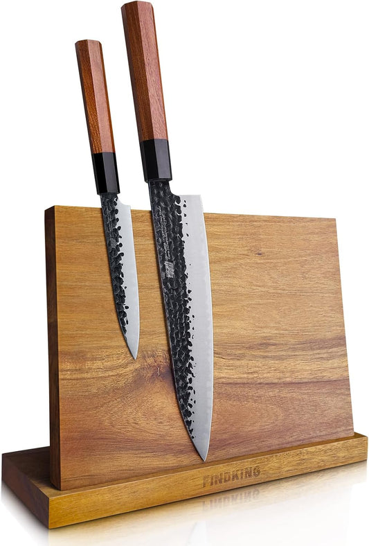 FINDKING Magnetic Knife Block, Teak Wood Utensils Holder, Strong Magnet Stand for Kitchen Counter (10.8 x 8 Inches, Without Knives)