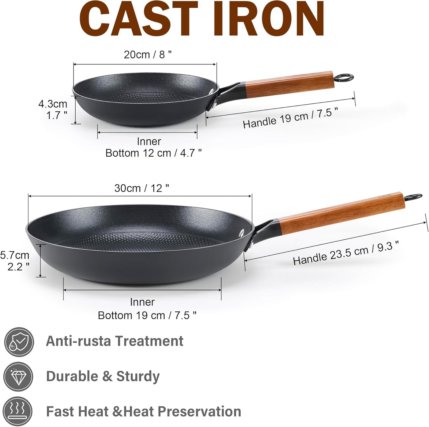 DM Cast Iron Skillet, 2 Piece Nonstick Frying Pan Set, 8 and 12 Inch with Detachable Acacia Wooden Handle, Honeycomb Non stick Omelet Egg Pan, Easy Clean Oven Safe Pans for Cooking