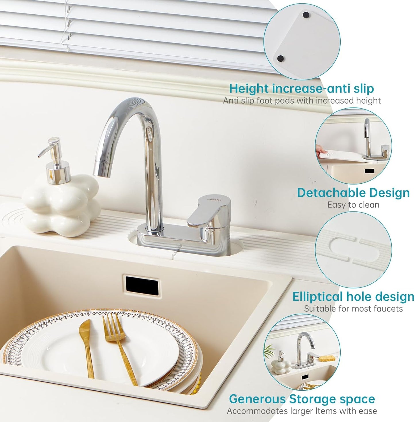 Stone Faucet Mat for Kitchen Sink with Oval Hole – 23.6" × 3.9" Diatomite Drying Stone Mat & Sink Protector, Quick-Dry Splash Guard Water-Absorbing Tray for Bathroom Counter（White.23.6" x 3.9"）