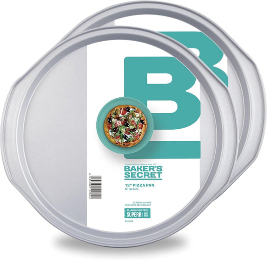 Baker's Secret 2pcs Pizza Pan for Oven 14", Baking Area 12", Aluminized Steel Pizza Baking Pan, 2 Layers Non-stick Coating Easy Release, Dishwasher Safe, Chemical Free No PFOA, PFAS, PFOS, and PTFE