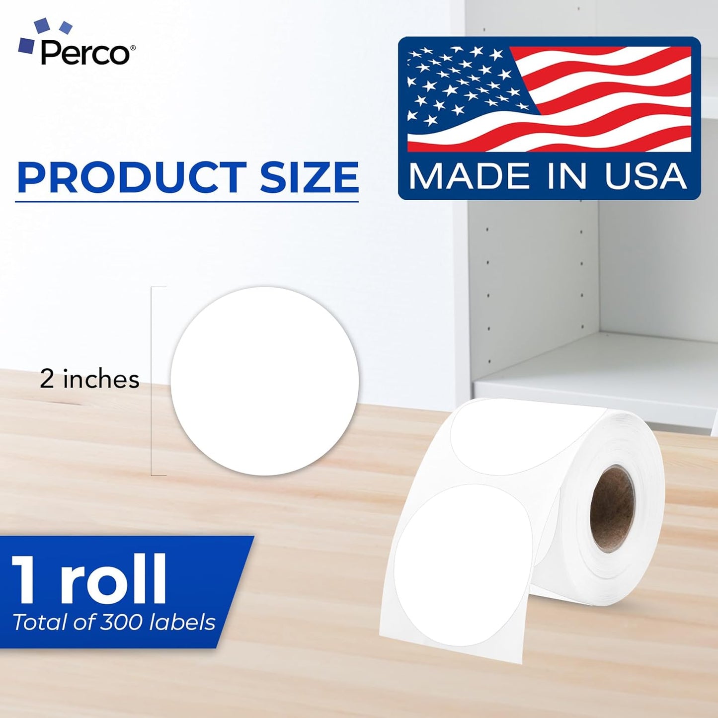 Perco White 2-Inch Perforated Circle Dot Thermal Sticker Labels — 300 Stickers/Roll, Direct Thermal Printer Compatible—with Permanent Adhesive for Organizing, Color Coding, Bin Labeling—Made in USA